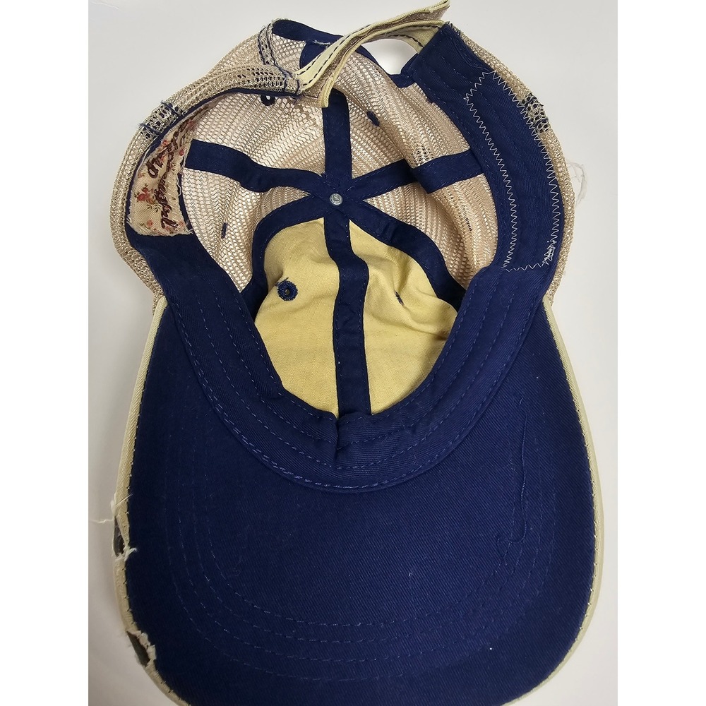 Backroads Bound Camper Trailer Distressed Trucker Hat Tan Navy Mesh Back Cap - Picture 8 of 9